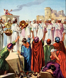 Artistic portrayal of the Jewish remnant reacting to Zerubbabel laying the foundation of the Second Temple (ca. 538 BC)