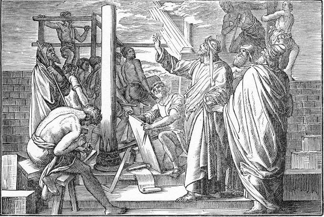 Artistic portrayal of Solomon overseeing the construction of the Temple, which prophetically foreshadows the Antichrist overseeing the reconstruction of the Temple.