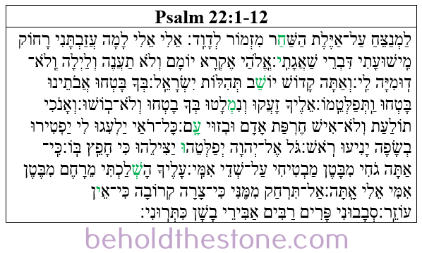 The first twelve verses of Psalm 22 in the original Hebrew, with the letters of the Bible code of Psalm 22 colored green.