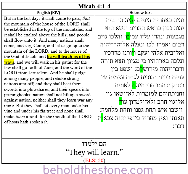 Screenshot of a two-column table documenting a Type 2 ELS code in Micah 4:1-4. In the right-hand column the Hebrew text is shown with the letters comprising the ELS code highlighted in green. In the left-handed column the English translation of the passage is supplied, with the portion of text that is particularly relevant to the ELS code highlighted in yellow. 