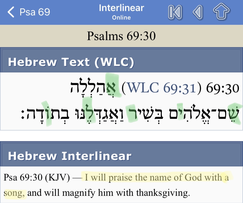 Screenshot of Psalm 69:30 with Hebrew text on top and the English translation (KJV) charted below it. A 6-letter contextually relevant ELS Bible code contained within the verse at an equidistant letter skip of every 5 letters is highlighted in green. The undeniable topical relation between the encoded text-string and the containing verse attests to the certainty of the code's authenticity. 