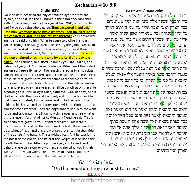 Screenshot of a two-column table documenting the ELS Bible code in Zechariah 4:10-5:9 which reveals the identity of the two witnesses. In the right-hand column the Hebrew text is shown with the letters of the encoded text-string highlighted bright green. In the left-handed column the English translation of the containing passage is supplied, with the portions that are topically relevant to the ELS code highlighted yellow.