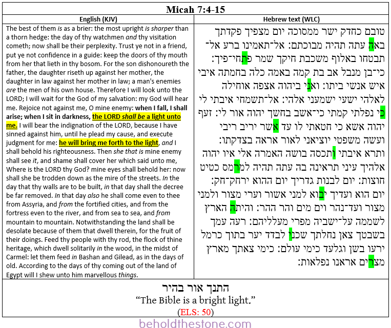 Screenshot of a two-column table documenting what we refer to in this analysis as the Micah 7 Bible code. In the right-hand column the Hebrew text is shown, with the letters of the encoded text-string 'ha-tanakh orr b'hir', (meaning: "The Bible is a bright light") highlighted in lime green. In the left-handed column the English translation of the containing passage is supplied, in which the topically relevant statements ("the LORD shall be a light unto me", and "he will bring me forth to the light") are highlighted in yellow.