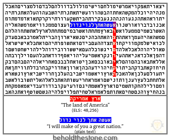 Screenshot of a 2-row, 1-column table showing the Hebrew phrase "eretz America" (meaning: "the land of America") encoded in the Hebrew text-grid right next to the statement "e'ese ot'cha le'gol gadol" (meaning: "I will make of thee a great nation"). These two statements converge in the grid to form a cryptic prophecy about the future nation of the United States and its destiny, thereby revealing America in the Bible code.